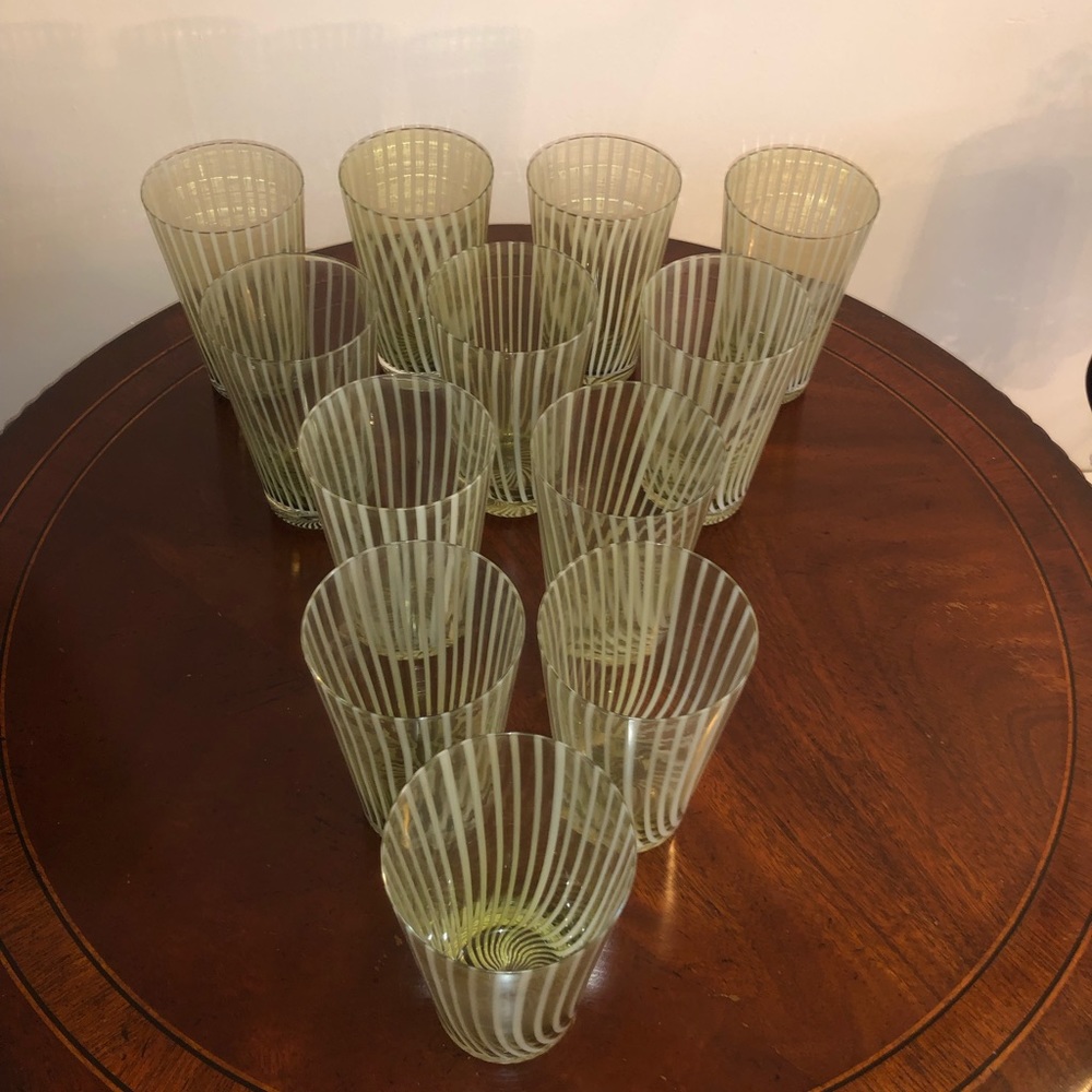 Large glass cups in olive. 12 cups never used.